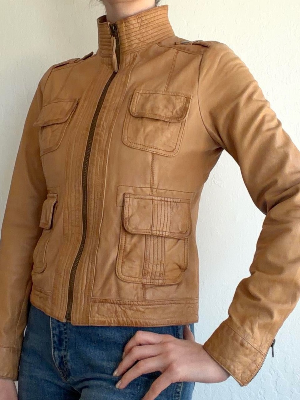 Lucky Brand Cognac Leather Utility Jacket